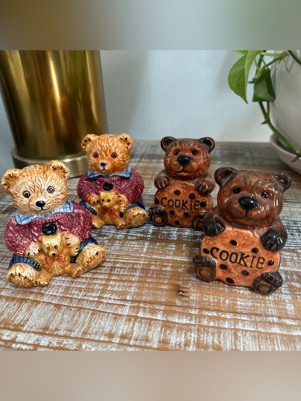 Vintage Set Of 2 Salt and Pepper Shakers Bears Holding Cookie And Teddy Bear
